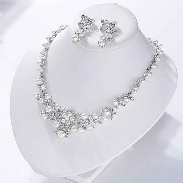 

eseres vintage jewelry sets pearls beads crystal necklace and earrings for women wedding jewelry sets, Silver