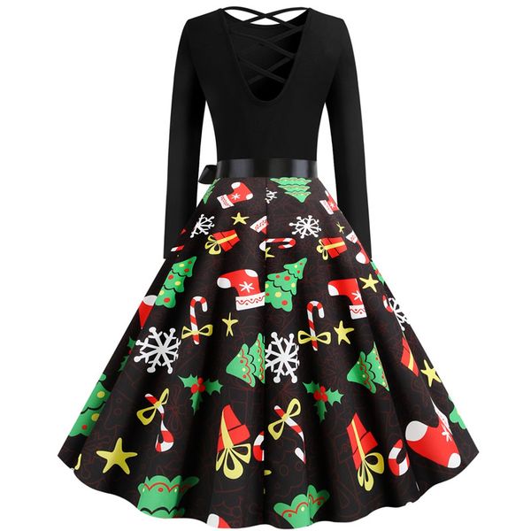 

women long sleeve 3d printed christmas tree christmas gift retro dress round collar splicing dress party costume, Silver
