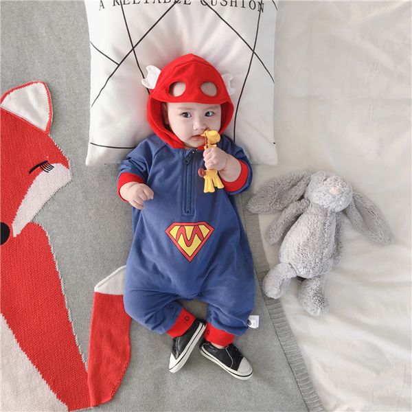 

2019 геометрический бренд детские ползунки осень с длинными рукавами мальчик девочка ползунки с капюшоном младенческой комбинезон дети хлопо, Blue