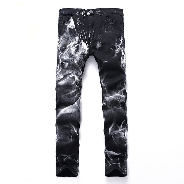 

printed denim trousers nightclub men 3d printed jeans black wolf pattern punk slim straight cotton casual, Blue