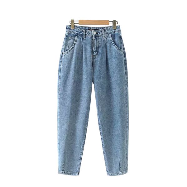 

vintage stylish basic pockets denim harem pants women 2019 fashion zipper high waist ankle jeans trousers chic pantalones, Blue