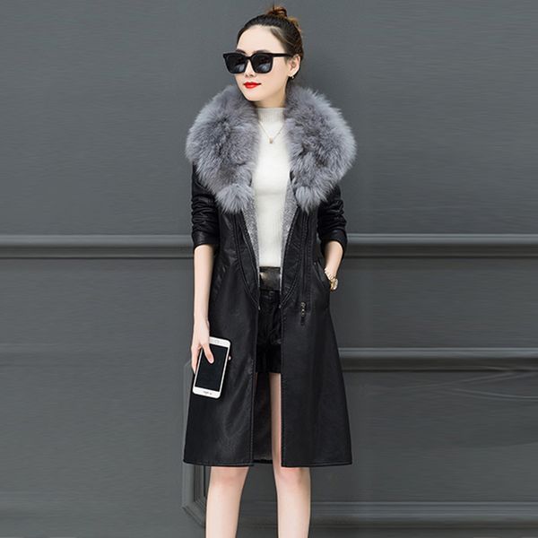 

fake leather womens casual coats leather overcoats long section fur collar jackets female coats jaqueta de couro, Black