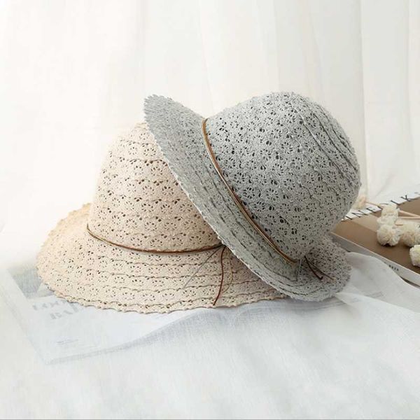 

2019 new bow breathable fashion women's foldable hat korean version soft weaving lace hollow summer cap fisherman's hat, Blue;gray