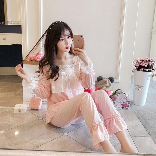 

jinuo new arrival princess style women winter cotton pajama sets ladies sweet solid color lace lovely soft home wear sleepwear, Blue;gray