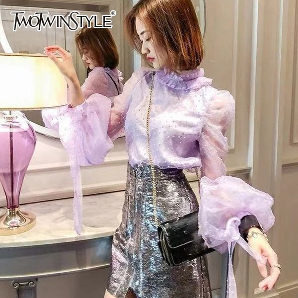 

twotwinstyle women's shirts blouse ruffled collar puff long sleeve lace up mesh perspective female 2018 autumn fashion, White