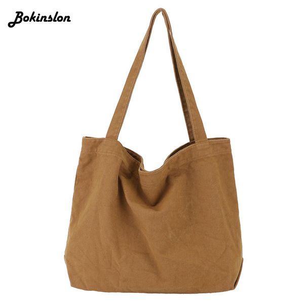 

bokinslon simple large-capacity canvas bag women's solid color casual retro shopping bag female handbag