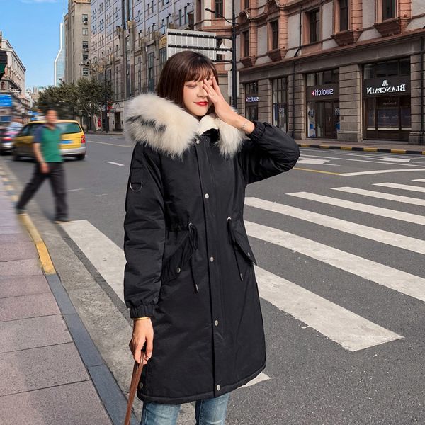 

2019 winter korean-style new style large fur collar cotton-padded clothes women's long over-the-knee slim fit slimming down jack, Blue;black
