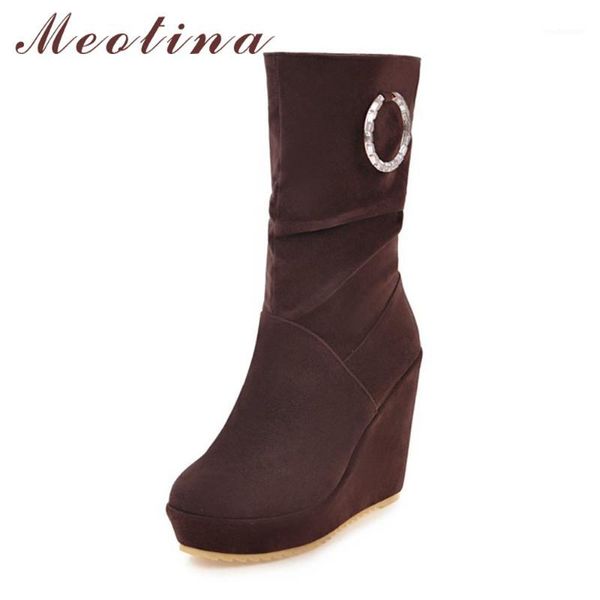 

meotina boots women platform high heel winter boots pleated mid calf wedge heel 2018 round toe ladies shoes brown black1, Black