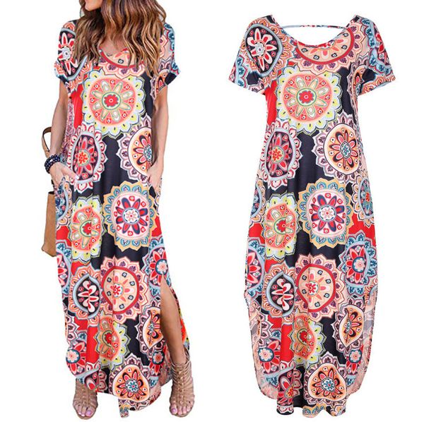 

womens designer season printing short sleeve pullover v-neck knitted long skirt casual dress, Black;gray