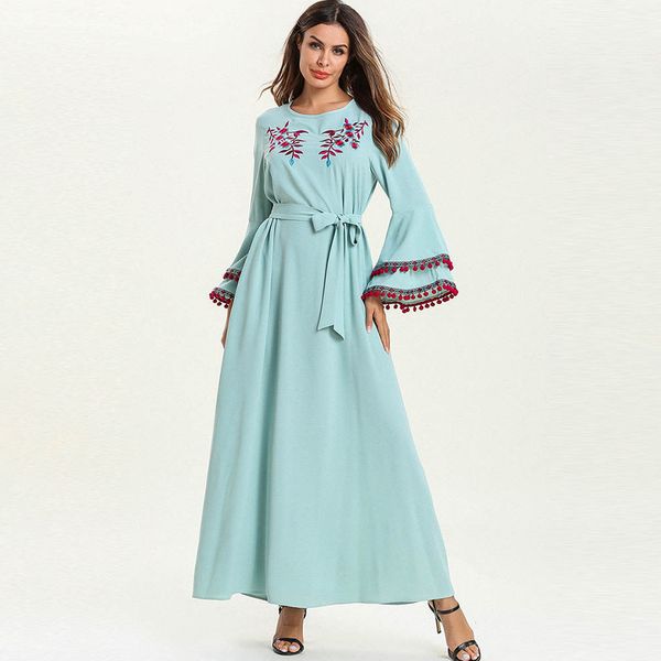 

women dresses elegant embroidery lace-up flare sleeve ankle-length pullover middle eastern female muslim arabian dubai robe, Red