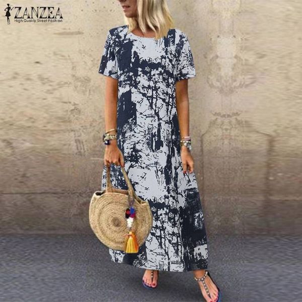 

zanzea 2019 printed maxi dress women's summer sundress casual short sleeve vestidos kaftan female graffiti tunic robe plus size, Black;pink