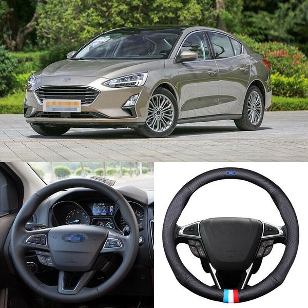 

for ford focus car steering wheel cover matt carbon fiber black leather sports