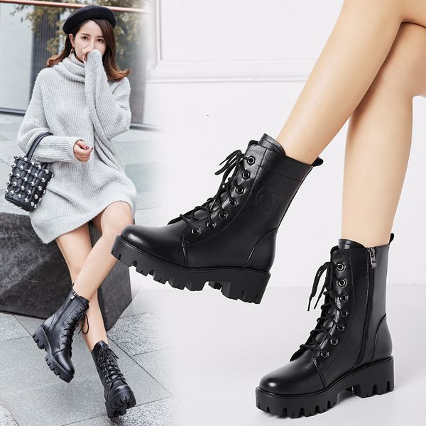 

boots woman england student winter genuine leather autumn single boots, Black