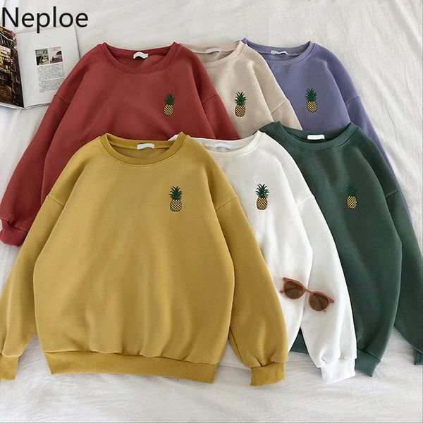 

noploe thick warm solid sweatshirt pineapple embroidery hoodies 2019 casual loose o neck pullover ladies long sleeve 47811, Black