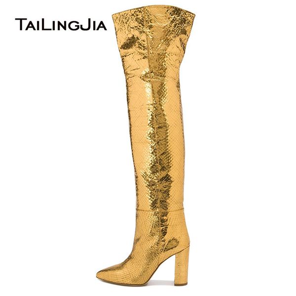 

gold thigh boots 2019 women high block heel over knee boots chunky heel slip on long tall boot pointed toe ladies winter shoes, Black
