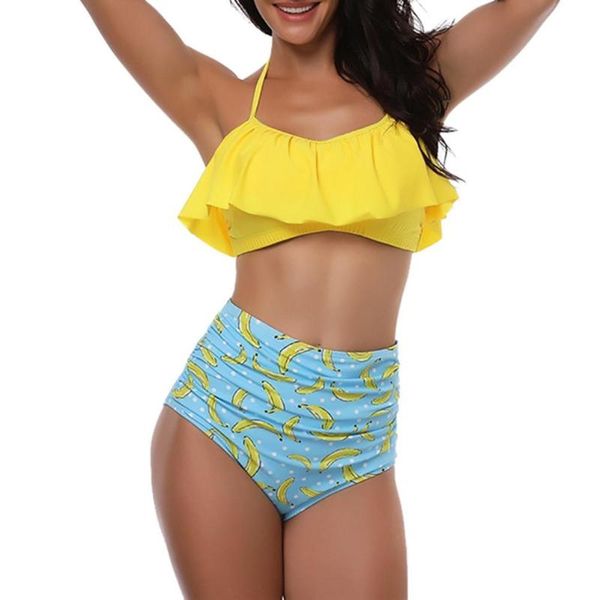 

yellow ruffle halter padded bikinis and high waist banana print bottom split two-piece swimsuit swimwear bikinis set