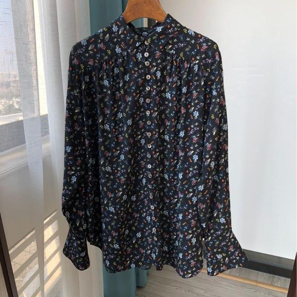 

women's blouses & shirts 100% viscose spring autumn shirt turndown collar flower print long sleeve and with buttons, White