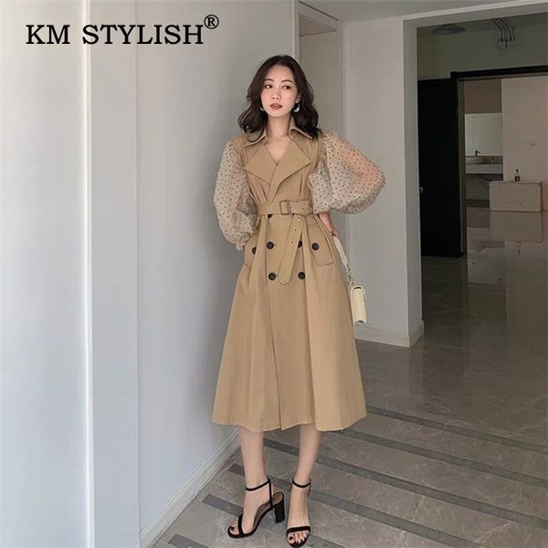

2019 new women fashion overwear polka dots patchwork trench female double-breasted sashes mid-long lantern sleeve coat, Tan;black