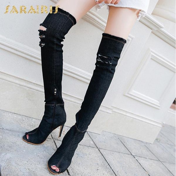 

sarairis fashion 2020 denim fabric shoes woman boots female thin high heels peep toe zipper over-the-knee boots women shoes, Black