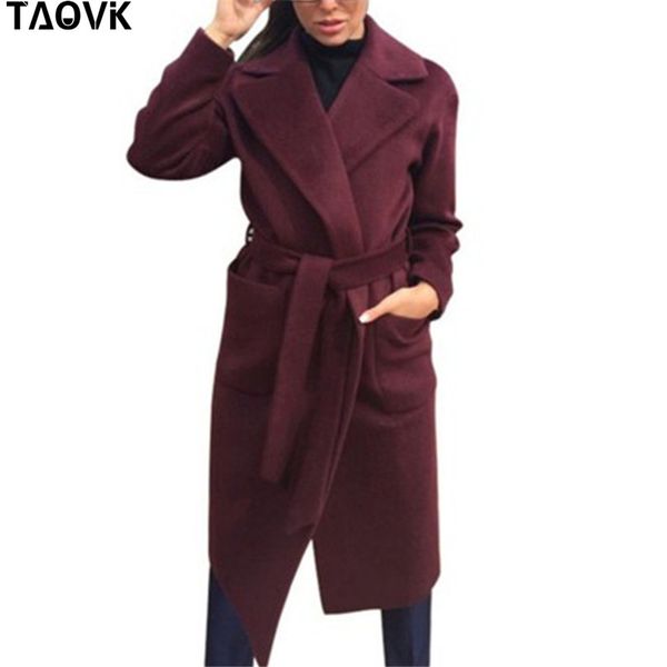 

taovk women's jackets & coats medium-long belt wool & blends coat turn-down collar solid color pockets parka y190926, Black