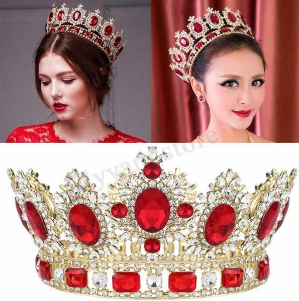 

antique 6cm high sparkling red crystal gold king crown wedding prom pageant usa chinese hair accessories jewelry handmade, Golden;white