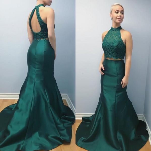 2019 Novos Vestidos de Noite Sereia Alta Pescoço Halter Sem Mangas Recorte Aberto Para Trás Do Laço Top de Colheita De Duas Peças Prom Party Vestidos Vestido Formal