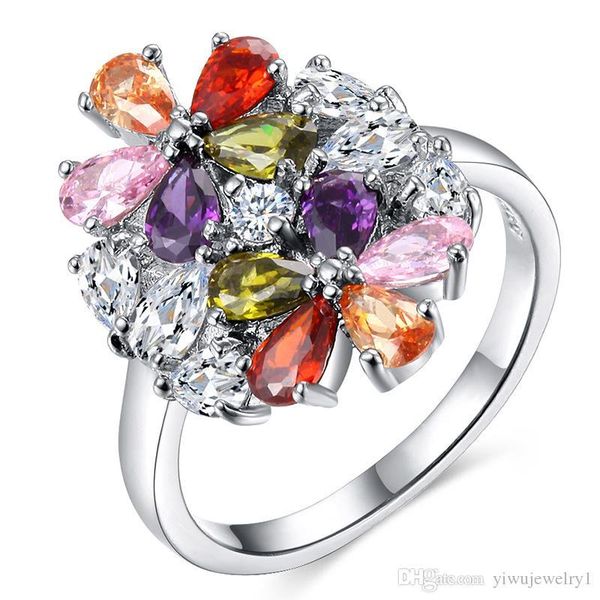 

fashion women's new colorful gemstone ring 925 sterling silver ladies diamond ring flower ring wedding party jewelry gift size 6-10, Golden;silver