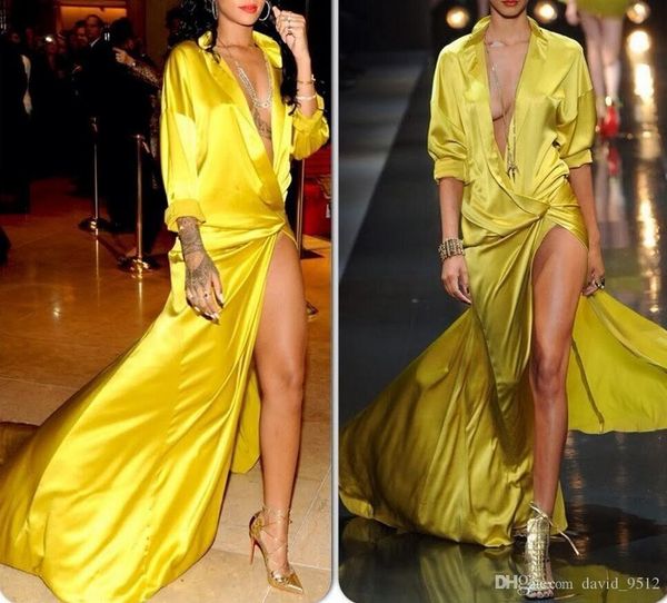 

rihanna yellow prom dresses silk satin high side split plunging v neck long sleeves red carpet celebrity dress evening gowns, Black