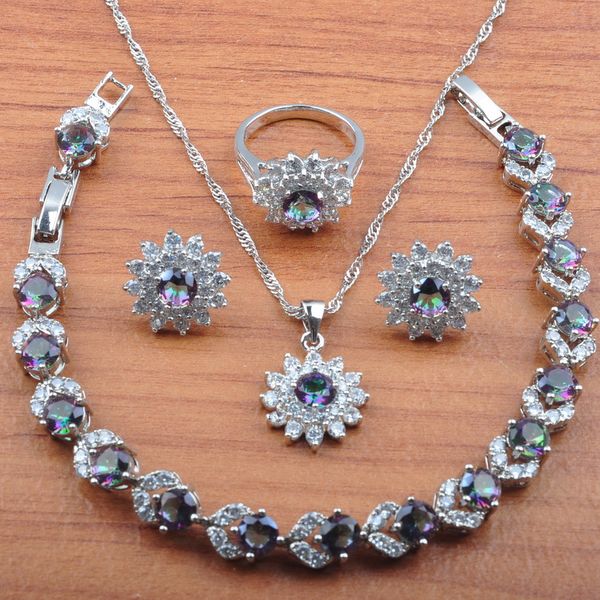 

рождественский подарок 925 серебряный комплект ювелирных изделий радуги циркония для женщин свадебные серьги ожерелье кольца браслет js0468, Silver