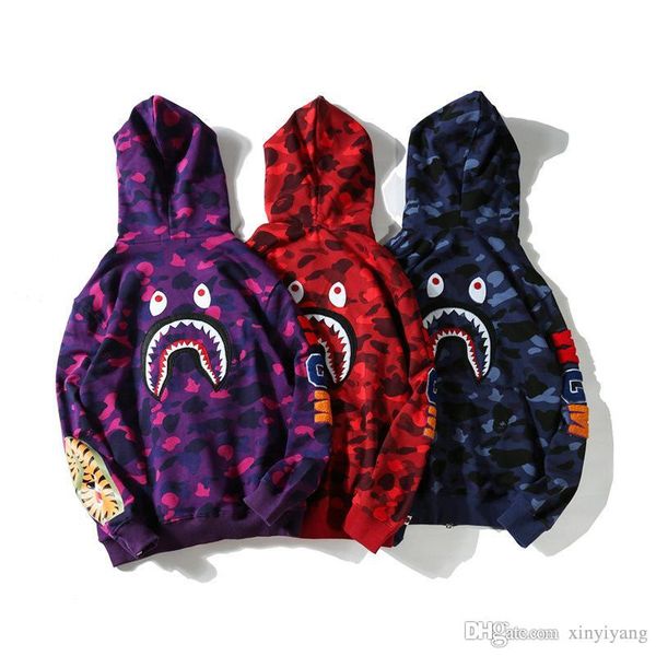 

autumn winter men women camo long sleeve casual hoodies full zipper sweatshirts teenager hip hop back shark print hoodies, Black