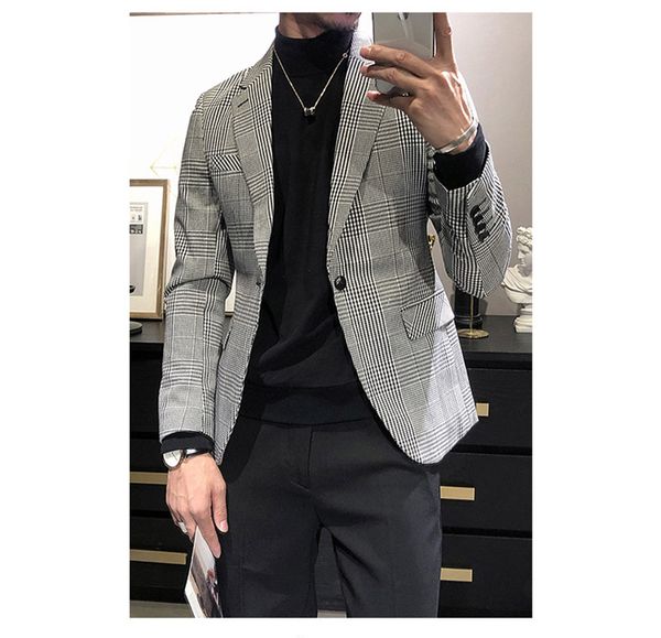 

2020 spring casual fashion white and black small lattice men's blazer for wedding dinner, White;black