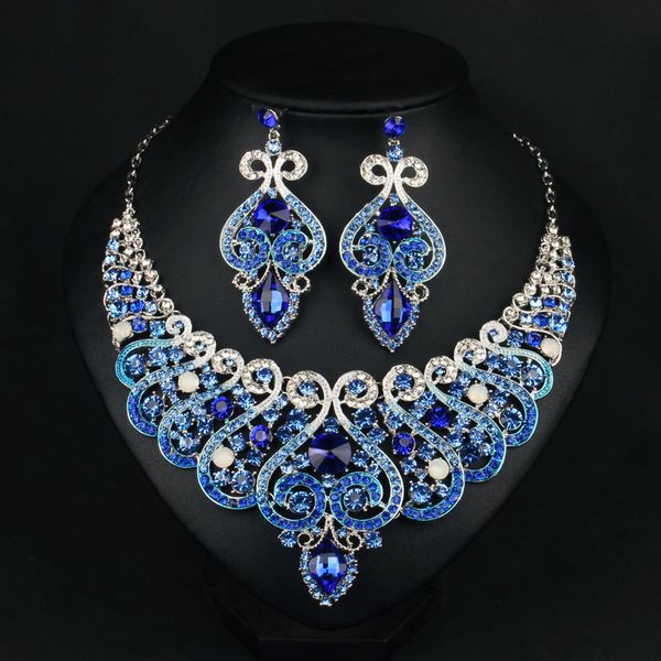 

dubai style bridal wedding jewelry sets rhinestone crystal statement earrings and necklace choker set gift for women, Silver