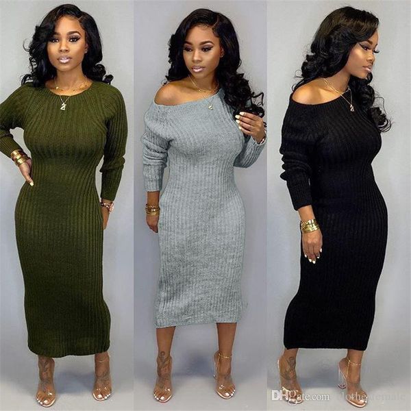 

сплошной цвет женщины вязать платье осени crew neck с длинным рукавом женских платьев дама с открытой спиной платье, Black;gray