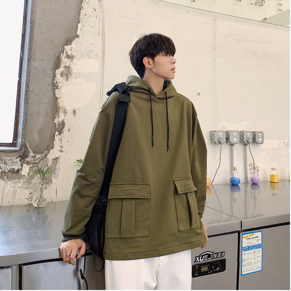 

new hoodies men fashion solid color casual large pocket hooded pullover man streetwear wild hip hop loose tooling sweatshirt, Black