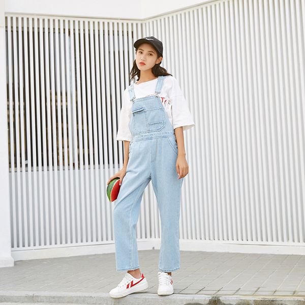 

fashion rompers womens jumpsuit casual loose denim overalls full length jean overalls for women, Black;white