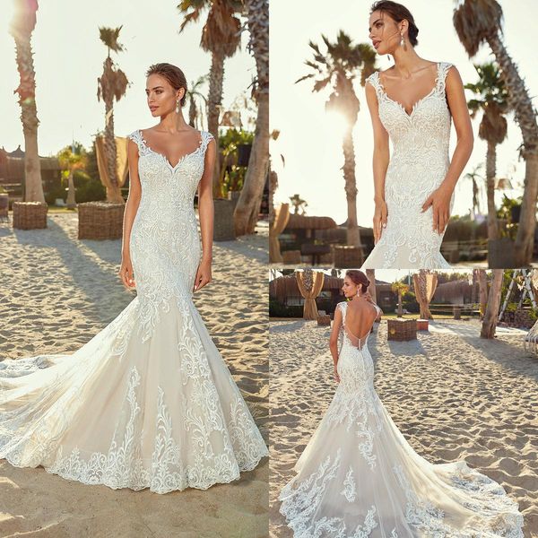 

2019 eddy k mermaid lace wedding dresses v neck sweep train backless bridal gowns country bohemian beach garden boho vestido de novia, White