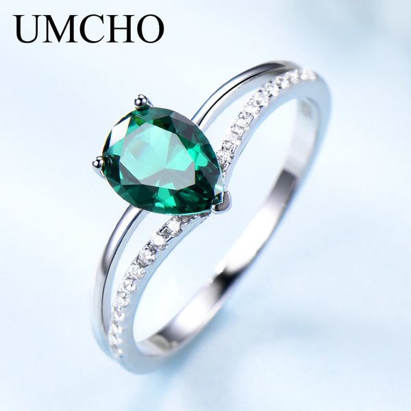 

umcho green emerald gemstone rings for women 925 sterling silver jewelry romantic classic water drop ring valentine's day gift, Slivery;golden