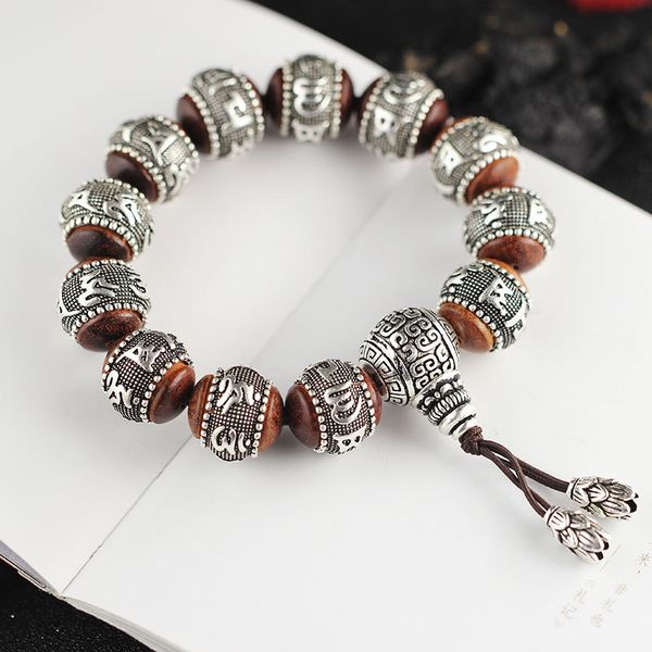 

100% silver sandalwood traditional tibetan buddhism bracelet six words mantras om mani padme hum antiqued metal amulets beads, Golden;silver