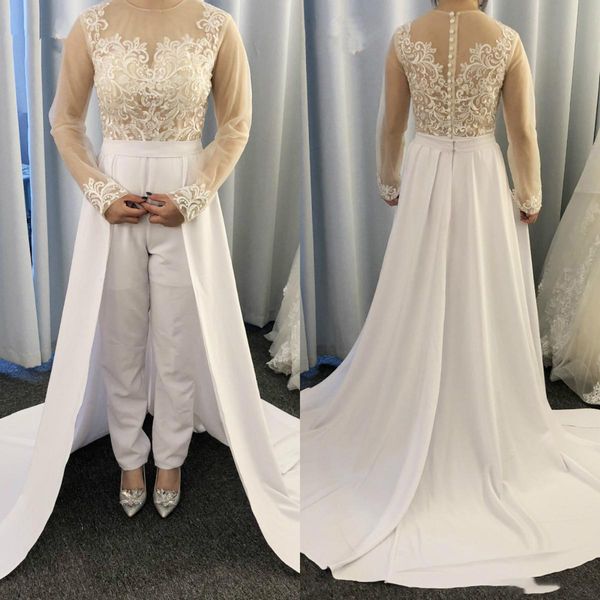 

романтический комбинезон свадебные платья 2020 see through top lace overskirts summer beach свадебное платье с длинными рукавами кружева сва, White