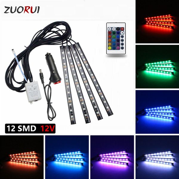 

zuorui 4pcs 12v 10w colorful led lights strip car decorative atmosphere lamps car rgb led strip light interior light remote