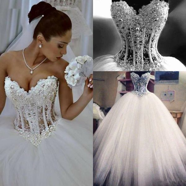 

lace ball gown wedding dresses sweetheart corset see through floor length princess bridal gowns beaded pearls bride dress custom made, White