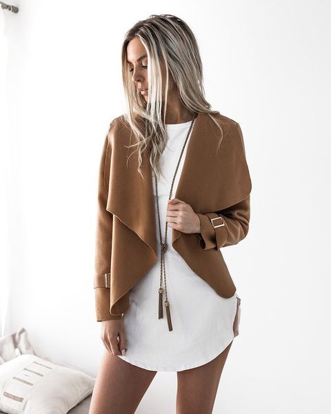 

women basic jacket coats autumn winter new femme outwear lapel long sleeve casual loose coat, Black;brown