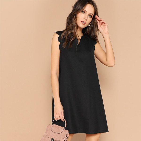 

women clothes women dresses lady solid v neck scallop trim trapeze mini dress 2019 casual sleeveless loose tank summer dress, Black;gray