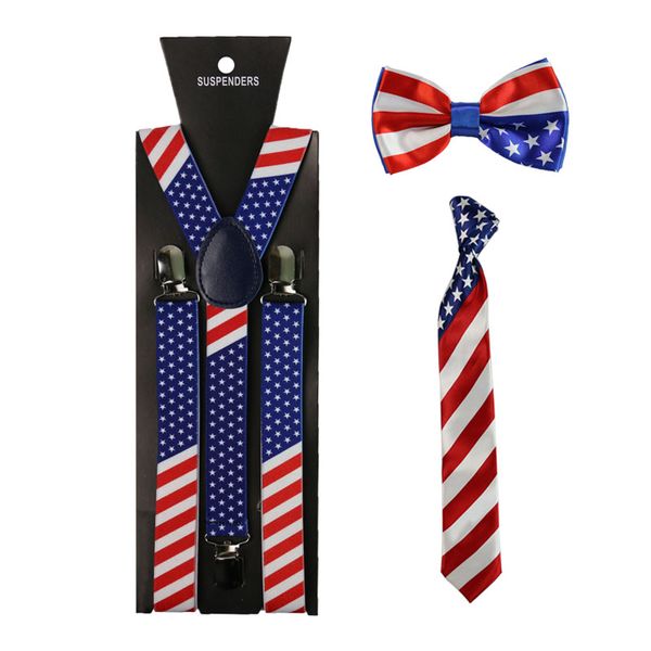 

fashion america flag pattern suspenders necktie and bowtie set clip-on elastic y-shape back braces suspenders for women men, Black;white