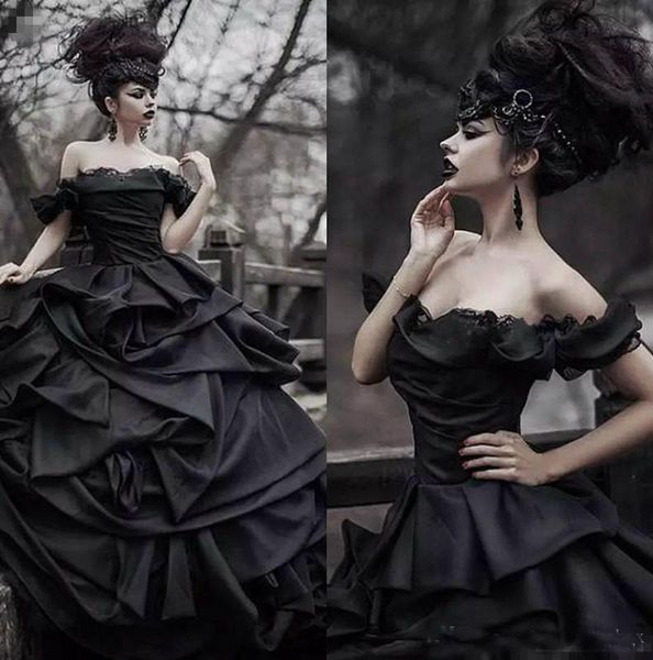 

Off Shoulder Black Gothic Wedding Dresses 2019 Pick Up Satin Tiered Pleat Lace Victorian Bridal Gowns Plus Size Corset Back Custom Made