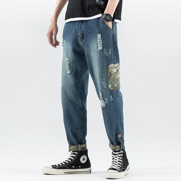 

2019 summer men japanese-style jeans large size fashion brand harem pants loose-fit with holes capri jeans men's, Blue