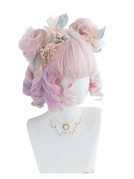 

30cm lolita cute pink mixed purple ombre curly princess bangs japan bob hair cosplay wig synthetic buns, Black