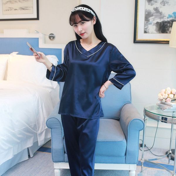 

2019 spring autumn silk satin v-neck pajama sets for women long sleeve pyjama sleepwear loungewear homewear pijama mujer clothes, Blue;gray