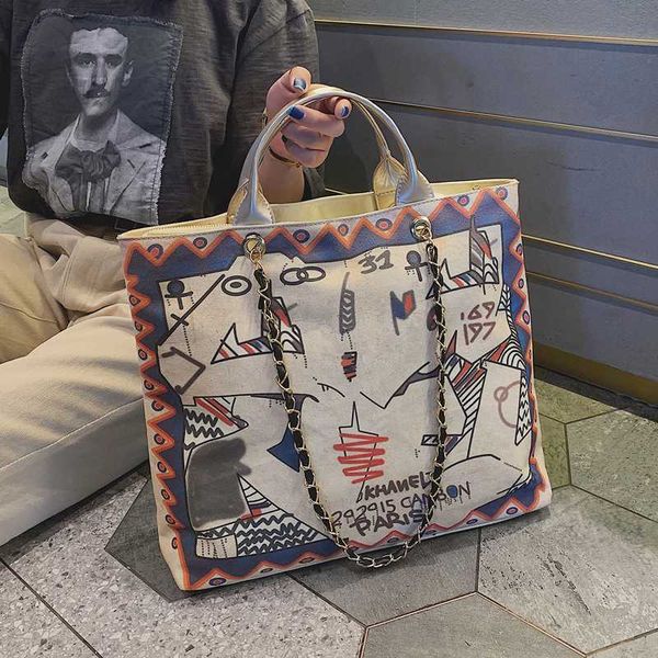

new fashion retro large capacity tote bag handbag canvas shoulder bag abstract school print width40cm height 35cm thickness 11cm