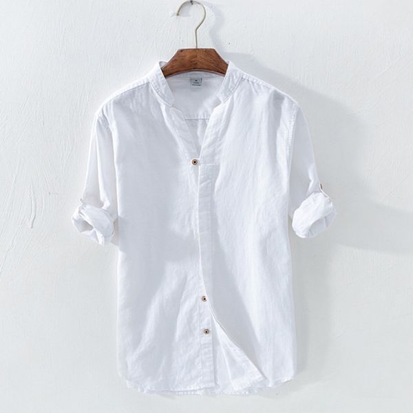 

men's shirt 607 spring and autumn men's cotton and linen shirt long sleeve solid color leisure linen v-neck fit, White;black